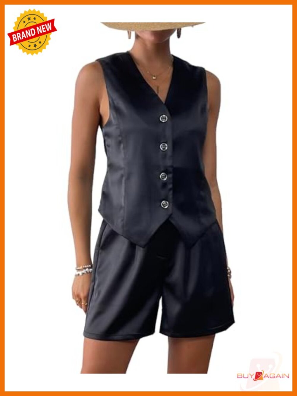2 Piece Satin Vest and Shorts Set Business Casual Suit